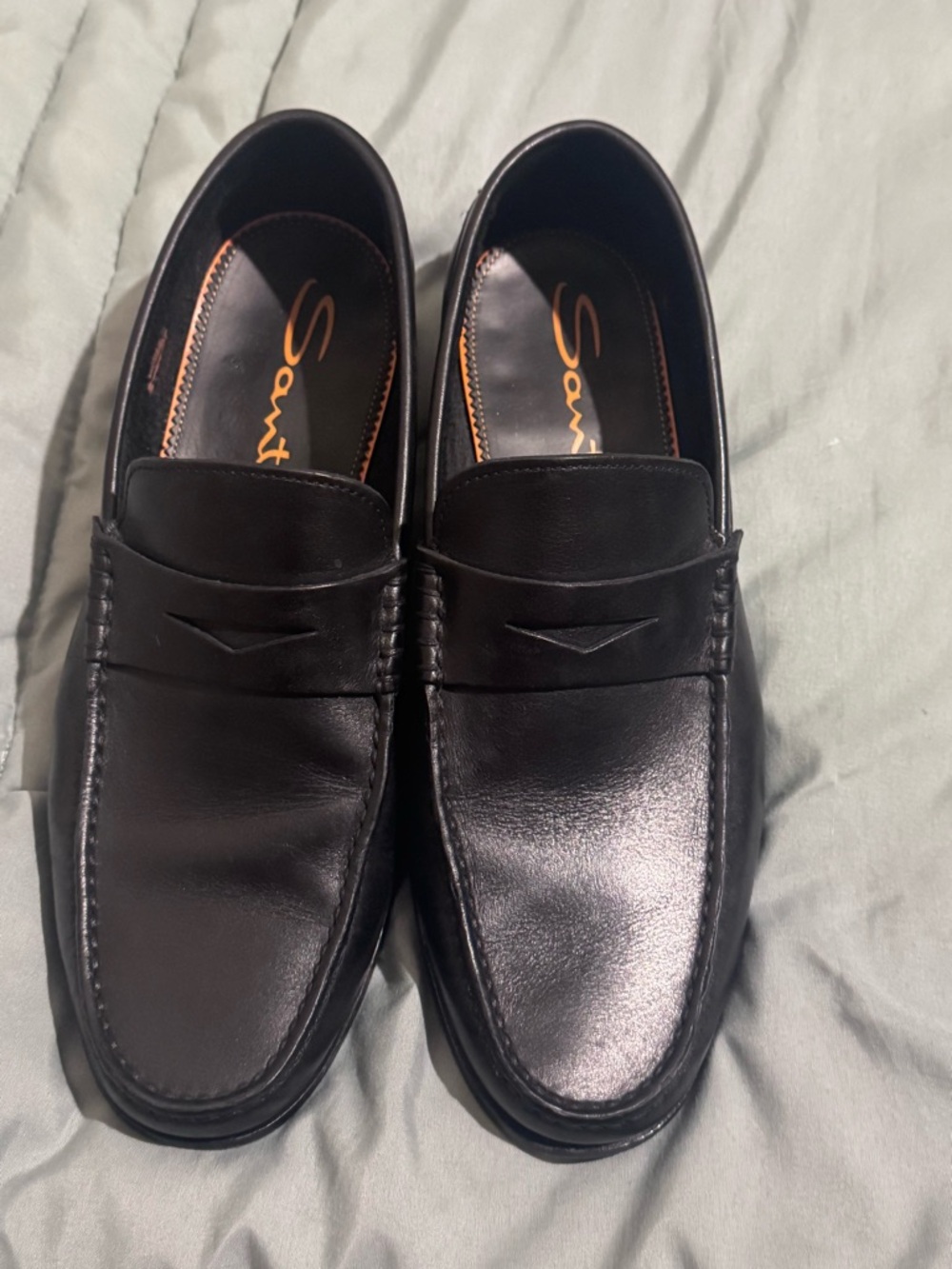 Santoni Black Leather Penny-Style Loafers